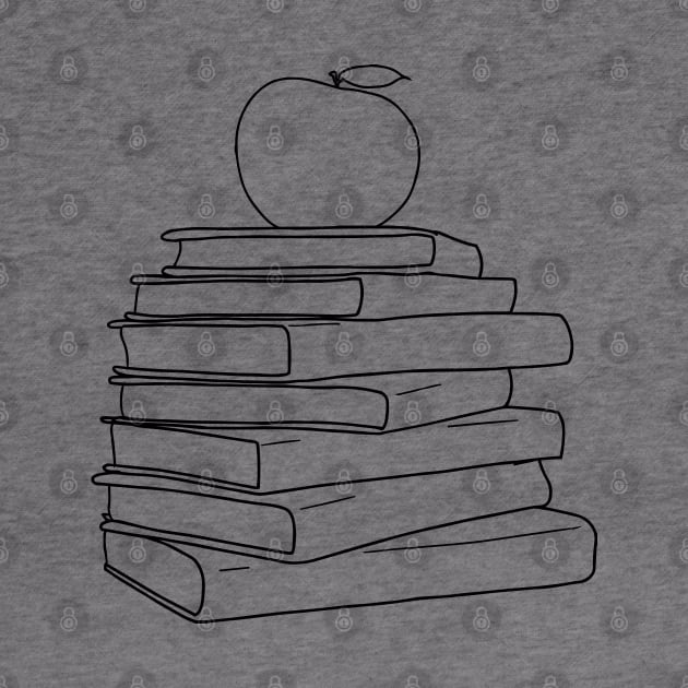 Apple on Book Stack - Red Apple & Black Books Line Art by Tilila